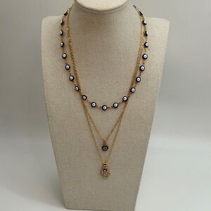 Evil Eye Gold and Blue Layered Necklace Set